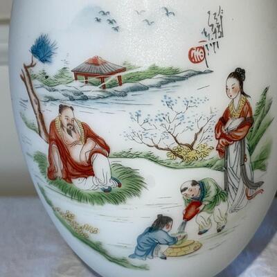 Lot 45  Painted Frosted Glass Vase Asian Scene Gold Trim Twisted Stem 10