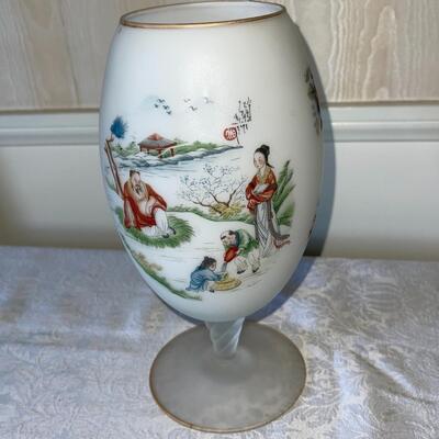 Lot 45  Painted Frosted Glass Vase Asian Scene Gold Trim Twisted Stem 10