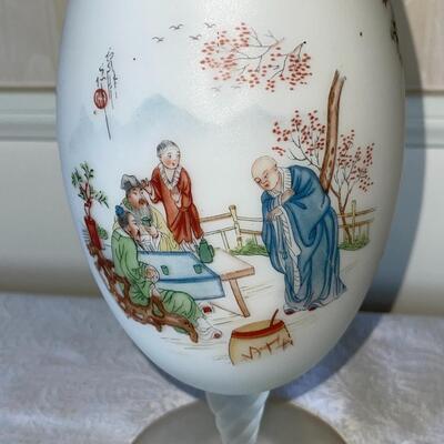 Lot 45  Painted Frosted Glass Vase Asian Scene Gold Trim Twisted Stem 10