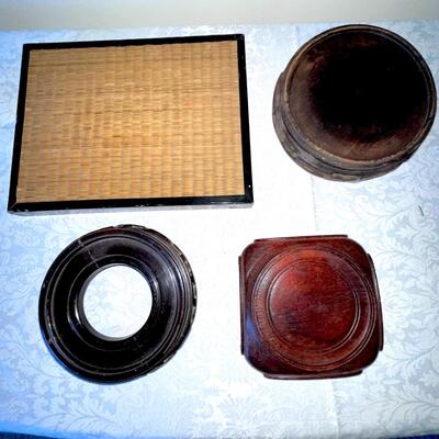 Lot 46 Group 4 Asian Style Display Tray & Stands Wood Bamboo