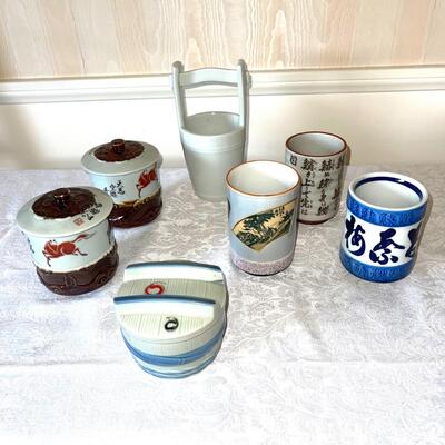 Lot 56 Group 7 pcs Asian Ceramics Lidded Tea Cups, Trinket Box, Handless Cups