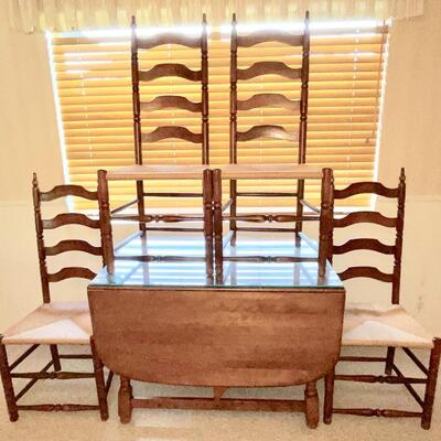 Lot 12 Reproduction Drop Leaf Gate Leg Table + 4 Ladder Back Chairs Early American