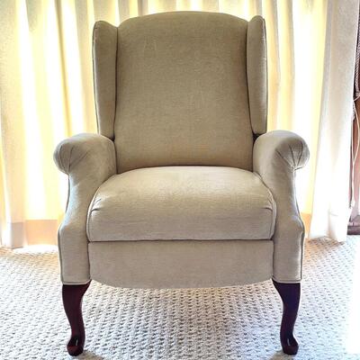 Lot 62 Vintage Pushback Recliner Wingback Queen Anne Legs Cream Textured Upholstery