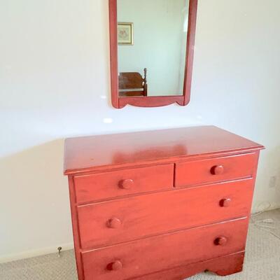 Lot 70 Wood  Dresser & Mirror Painted Red