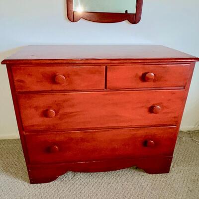Lot 70 Wood  Dresser & Mirror Painted Red