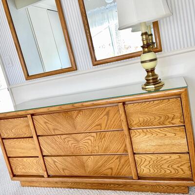 Lot 73 Contemporary Console Dresser 9 Drawers & Glass Top + 2 Wall Mirrors