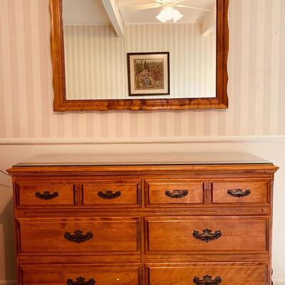 Lot 83 Vintage Maple Console Dresser with Glass Top & Wall Mirror