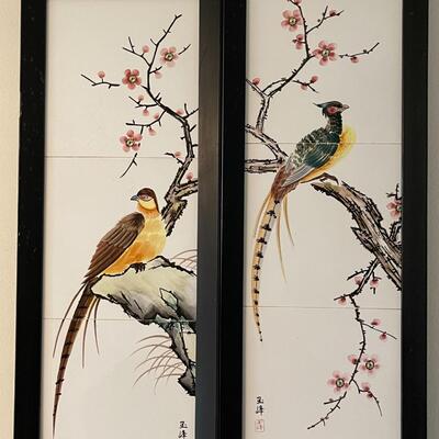 Lot 85 Pair Framed Painted Tiles Chinese Pheasants & Cherry Blossoms