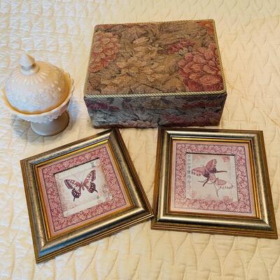 Lot 94 Framed Butterfly Prints Candy Dish Tapestry Covered Trinket Box