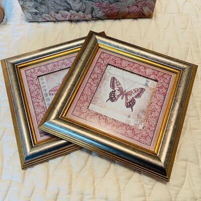Lot 94 Framed Butterfly Prints Candy Dish Tapestry Covered Trinket Box