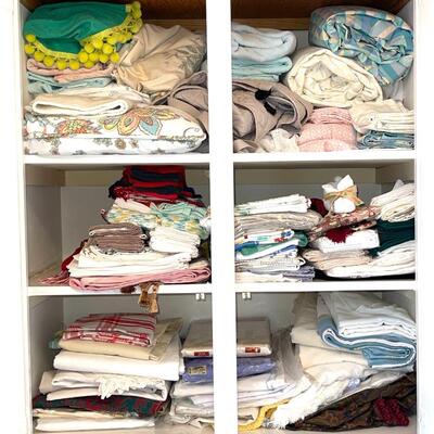 Lot 112 Contents of Linen Closet Tablecloths Napkins Bed Sheets Towels Table Runners.