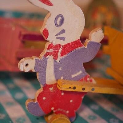 Vintage Easter rabbits and carts and German paper machie egg candy holder