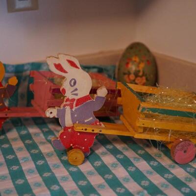 Vintage Easter rabbits and carts and German paper machie egg candy holder