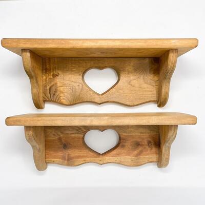PAIR OF SMALL SOLID WOOD HEART SHELVES