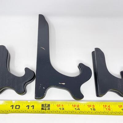 BLACK WOODEN PLATE DISPLAY STANDS, SET OF 3