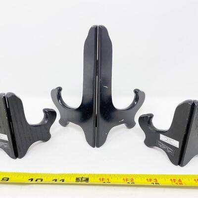 BLACK WOODEN PLATE DISPLAY STANDS, SET OF 3