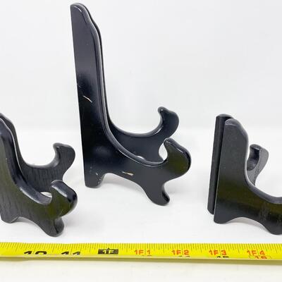 BLACK WOODEN PLATE DISPLAY STANDS, SET OF 3