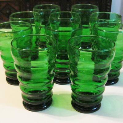 Lot 127 Set 10 Forest Green Depression Glass Water Glasses Ribbed 5