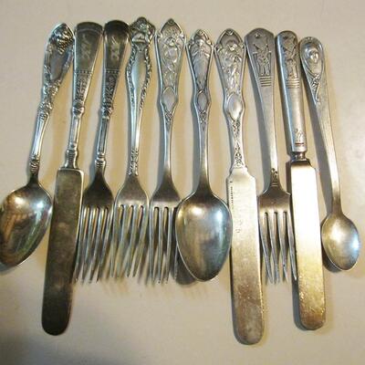 Lot 128 Group 10pcs Vintage Silverplate Child Forks Knives Spoons Cupids Clowns Gerber