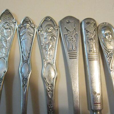 Lot 128 Group 10pcs Vintage Silverplate Child Forks Knives Spoons Cupids Clowns Gerber