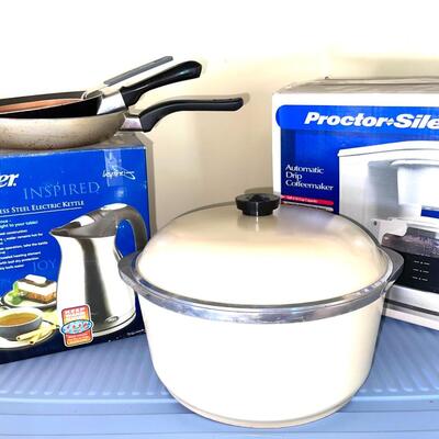 Lot 144 Kitchen Items: Aluminum Dutch Oven, Proctor Silex Drip Coffee, Fry Pans, NEW lectric Tea Kettle