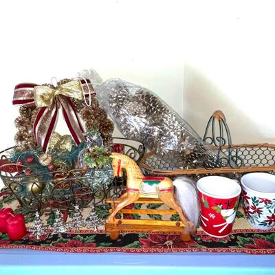 Lot 144 Christmas Items Pinecone Wreath Table Runner Mugs Ornament 6' Lighted Albertas Tree