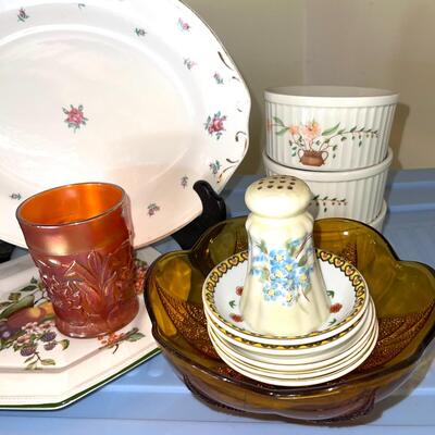 Lot 147 Vintage China & Glassware Floral Motifs Serving Platter Ramekins Carnival Glass