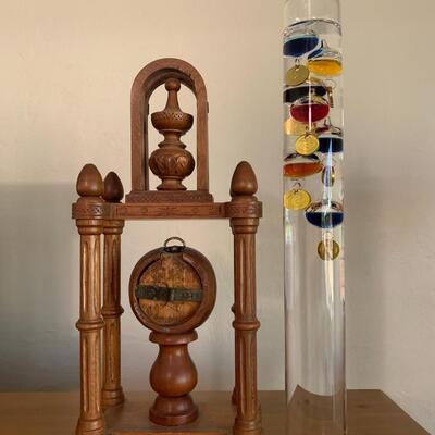 Antique Wood Carved Clock and Galileo Thermometer