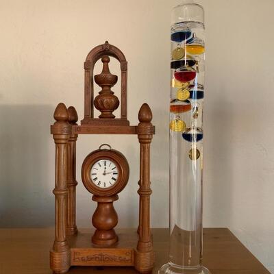 Antique Wood Carved Clock and Galileo Thermometer