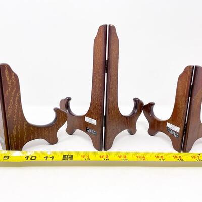 BROWN WOOD PLATE DISPLAY STANDS, SET OF 3