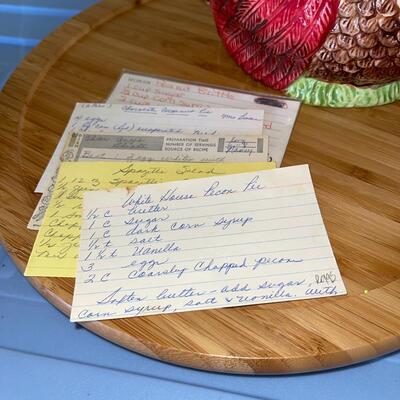 Lot 151 Recipe Box w. Hand Written Recipes Ceramic Turkey + Lazy Susan