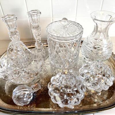 Lot 152 Group of Crystal & Glass Candle Sticks, Biscuit Jar, Basket, Vase, 9pcs + Silverplate Tray