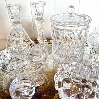 Lot 152 Group of Crystal & Glass Candle Sticks, Biscuit Jar, Basket, Vase, 9pcs + Silverplate Tray