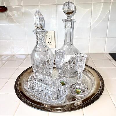 Lot 153 Wedgwood Royal Doulton Crystal Decanters, Waterford Marquis Candle Holders & Butter Dish Silver Tray