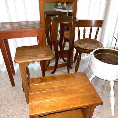Lot 156 Small Wood Furniture Pieces Tables Plant Stands Mirror Chair