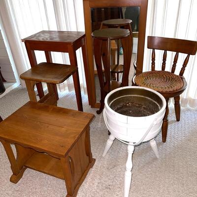 Lot 156 Small Wood Furniture Pieces Tables Plant Stands Mirror Chair