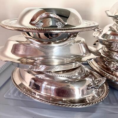 Lot 157 Group of 7 Covered Silverplate Serving Pieces 2 w/Glass Liners Covered Butter Dish, Largest 13