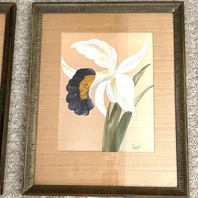 Lot 176 Pair of Tempra Paintings Tropical Flowers w/ Wood Matts Tiki Artist Signed