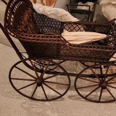 Antique Wicker Metal Victorian Baby Doll Carriage Stroller