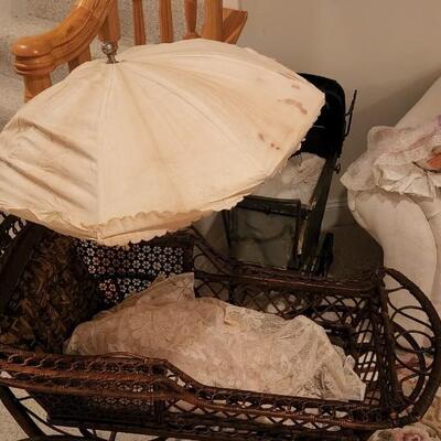 Antique Wicker Metal Victorian Baby Doll Carriage Stroller