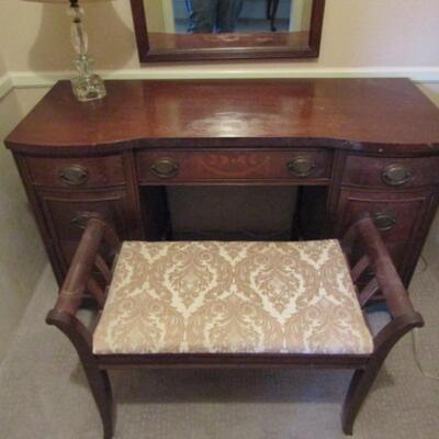 Vintage Dressing Table with Mirror and Upholstered Bench (No Contents)