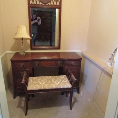 Vintage Dressing Table with Mirror and Upholstered Bench (No Contents)