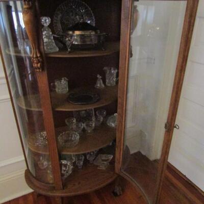 Antique Glass Bow Front Curio Cabinet with Paw Feet and Lion Accents (No Contents)