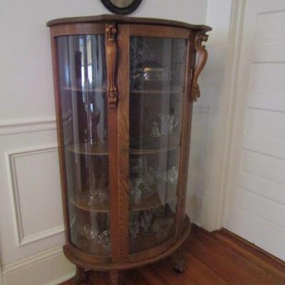 Antique Glass Bow Front Curio Cabinet with Paw Feet and Lion Accents (No Contents)