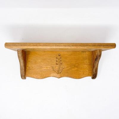 WOODEN WALL SHELF W/ CARVED FLOWER DESIGN