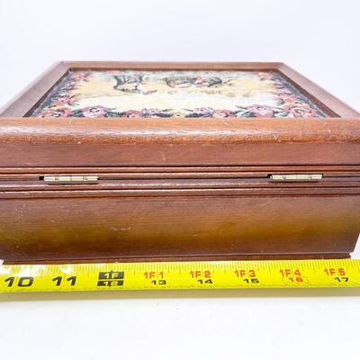 WOODEN JEWELRY BOX W/ NEEDLEPOINT TOP
