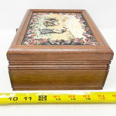 WOODEN JEWELRY BOX W/ NEEDLEPOINT TOP