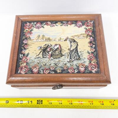 WOODEN JEWELRY BOX W/ NEEDLEPOINT TOP