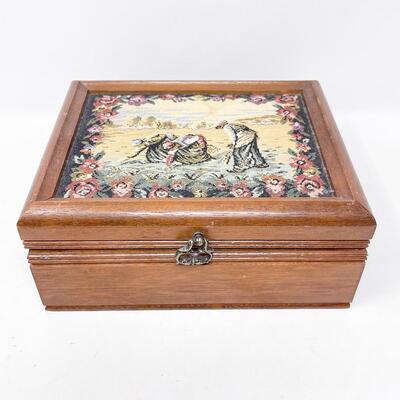 WOODEN JEWELRY BOX W/ NEEDLEPOINT TOP