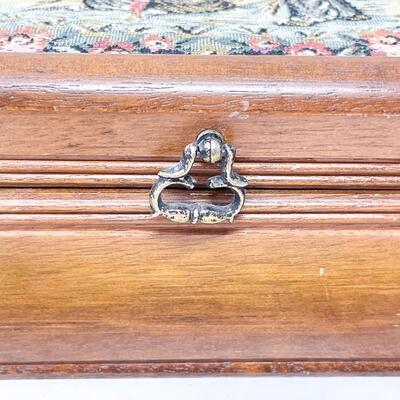 WOODEN JEWELRY BOX W/ NEEDLEPOINT TOP